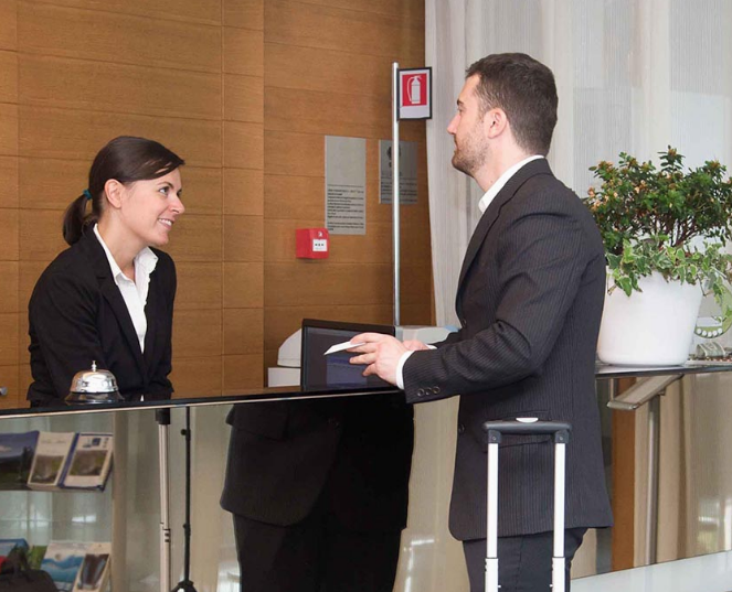 Man and woman in the lobby