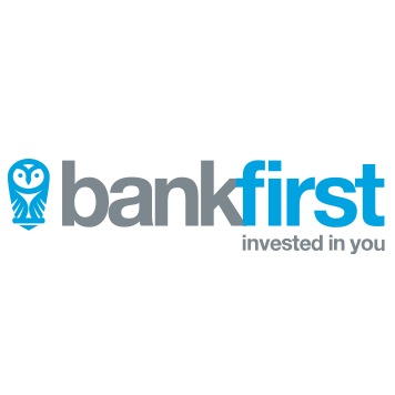 BankFirst logo with owl icon and slogan invested in you