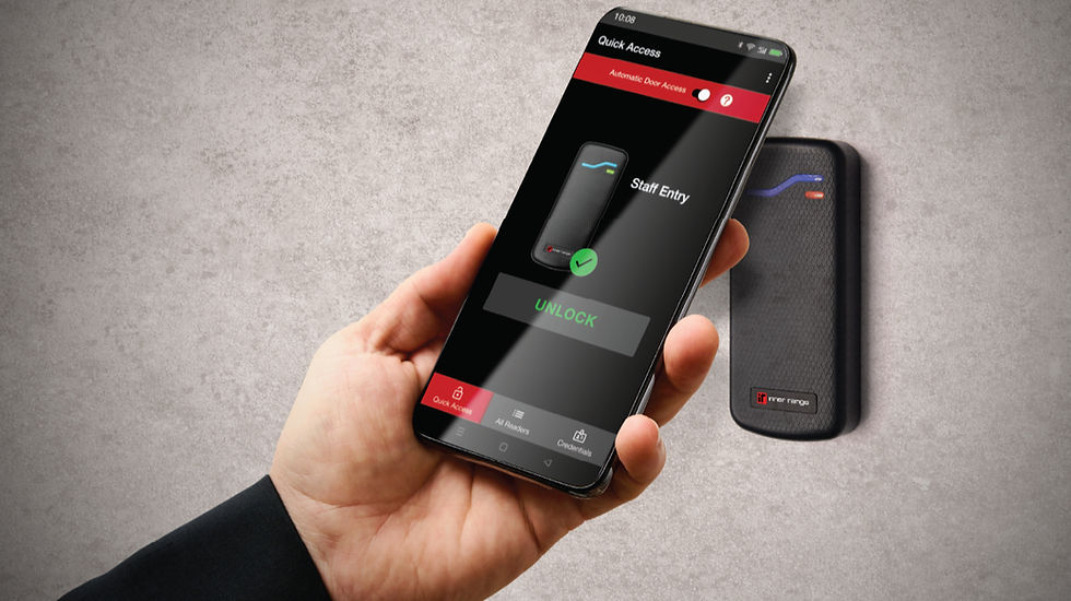 Hand holding smartphone with mobile access app at distribution center