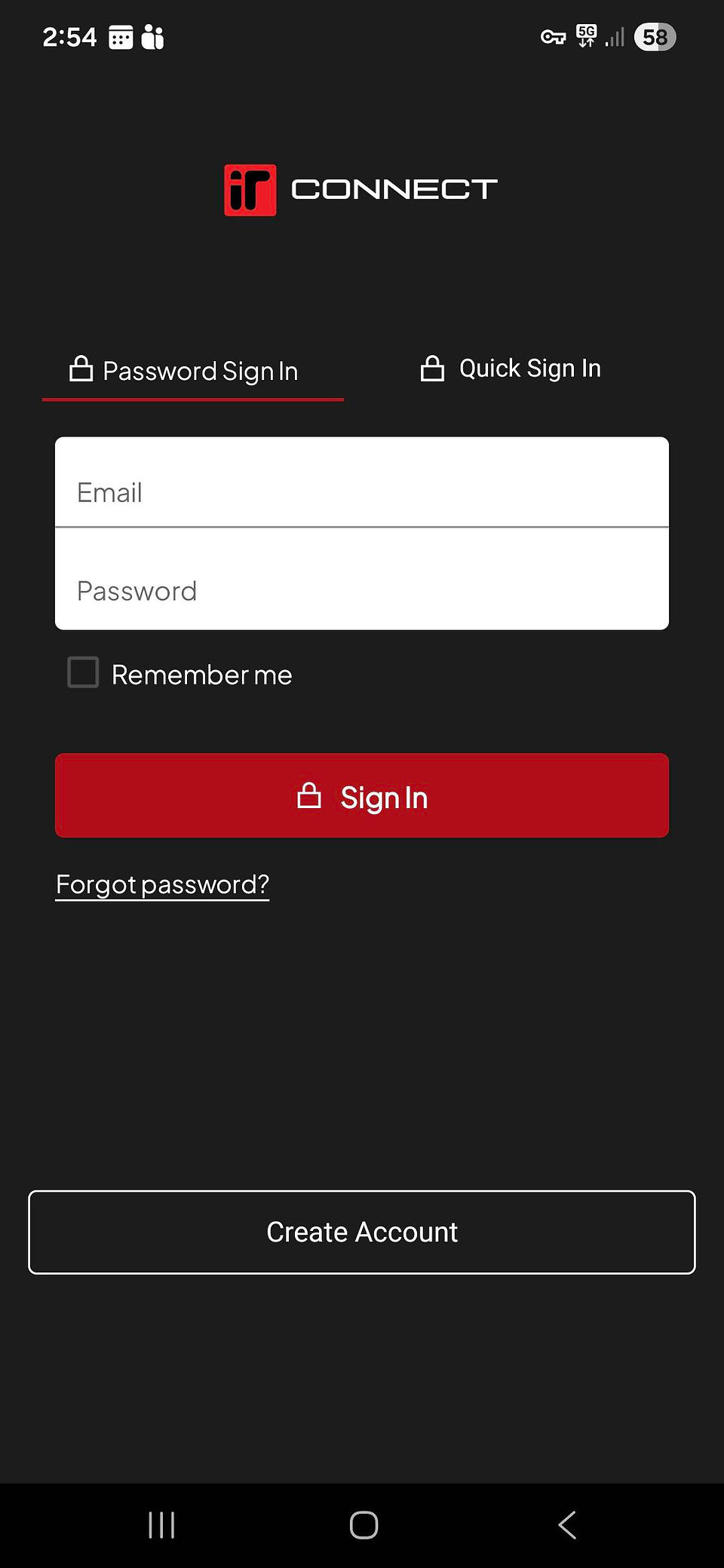 IR Connect log in screen