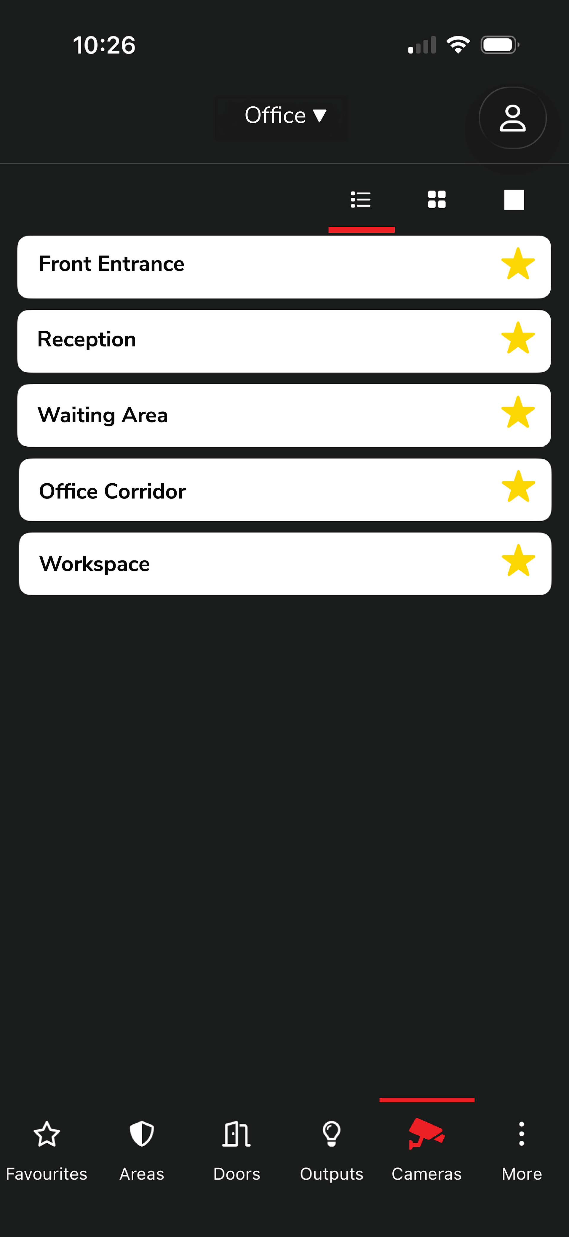 IR Connect App 3.7.0 camera list showing office security views