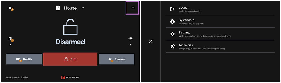 Inception Touchscreen menu options