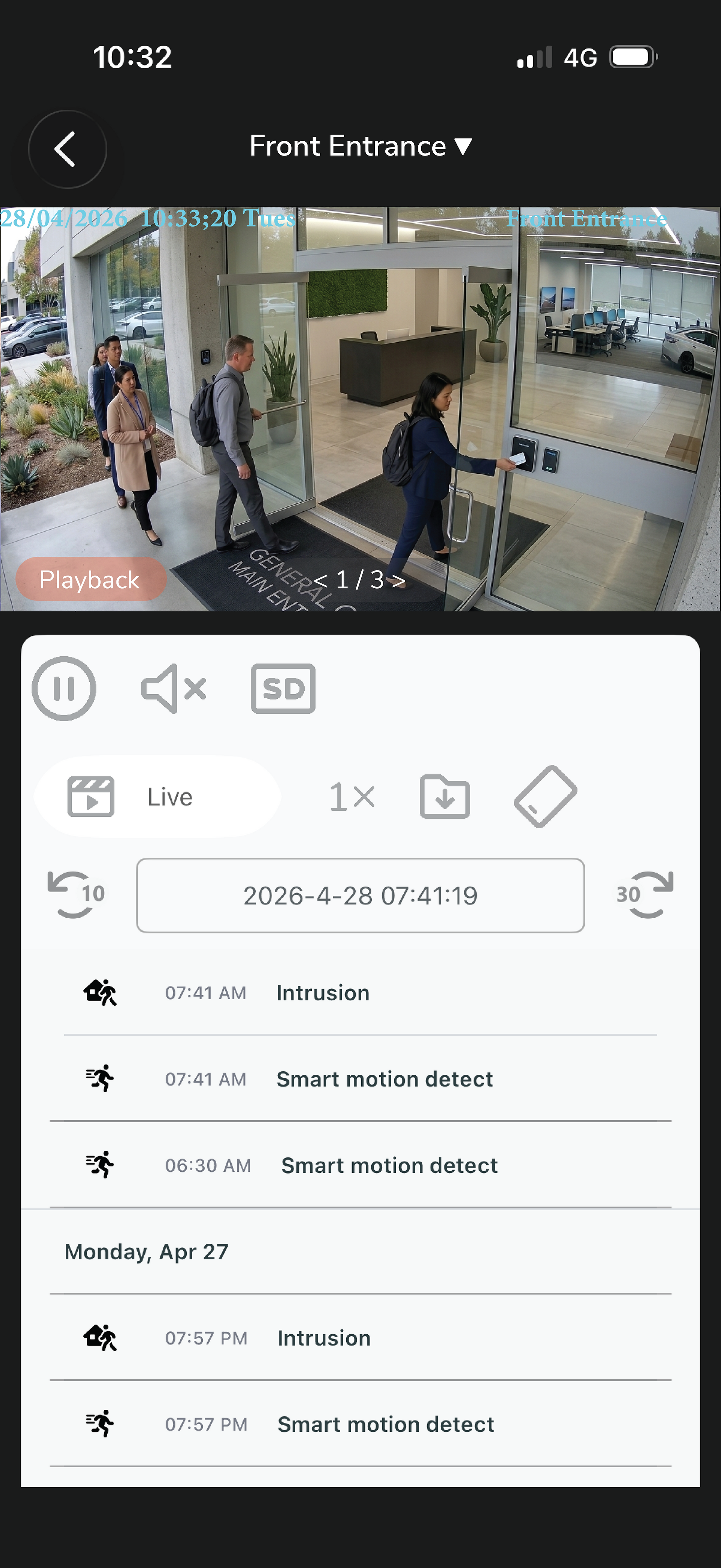 IR Connect App interface displaying security camera playback.