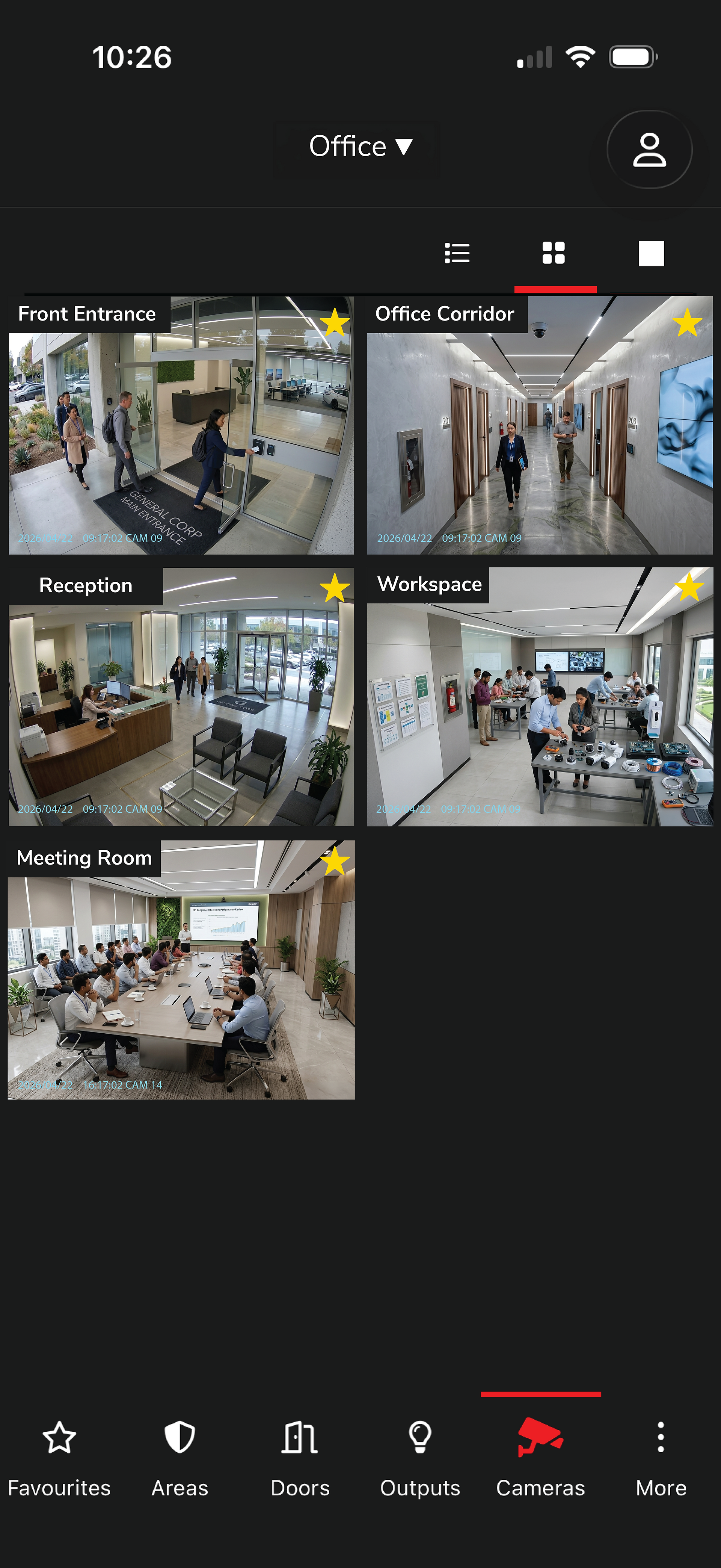 IR Connect App monitoring reception, workspace, and meeting room cameras.